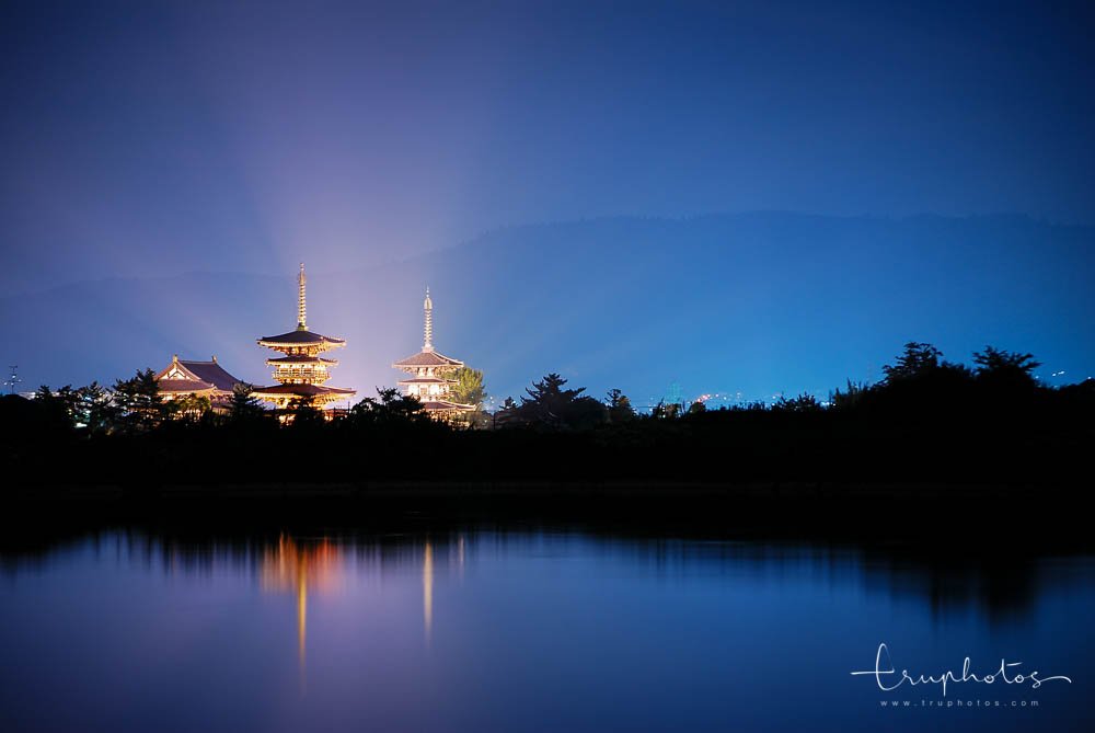 Light up of Yakushi-ji Temple during the blue hour in Nara, Japan