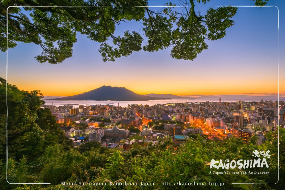 Blue hour at active volcano Mount Sakurajima, Kagoshima, Japan